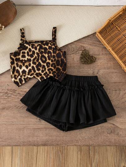 SHEIN 女婴针织纯色豹纹吊带背心和梭织短裤两件套；樱桃图案女婴套装；女婴夏季服装套装；女婴连衣裙套装；两件套女婴连衣裙套装；可爱复古樱桃图案幼儿套装；两件套幼儿夏季套装；幼儿女童夏季套装；幼儿园女童套装。