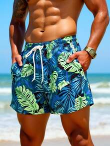 Surfspeed 男士热带印花休闲沙滩短裤 - 橄欖綠 - 查看 3