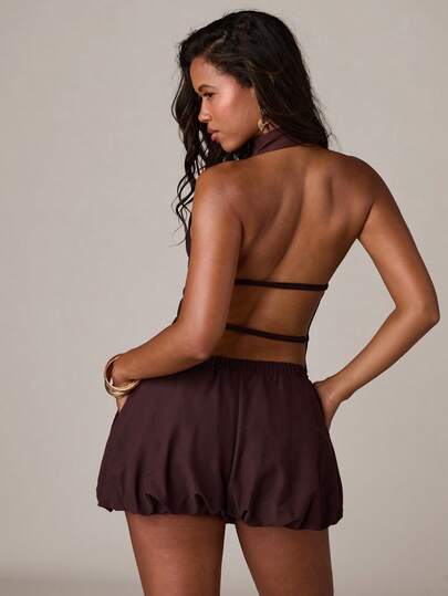 SHEIN BAE Women's Casual Vacation V-Neck Backless Pointed Hem Drawstring Decor Camisole Top, Suitable For Casual Vacation, Outing With Friends, Beach Vacation, Brown Satin Camisole, Sexy Camisole,Summer Top