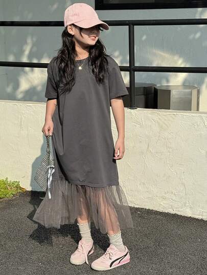 DAZY 少女简约纯色圆领套头网纱下摆连衣裙