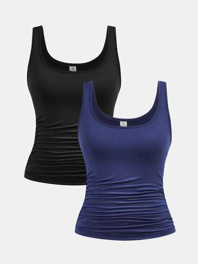 SHEIN Girlism 2pcs/Set Teen Girls Black & Navy Casual Crew Neck Ruched Waist Camisole Tank Tops, Versatile For Daily Casual And Loungewear Sleeveless Top Set Tight Tops Tank Top With Built In Bra Fitted Tops Fited Tops