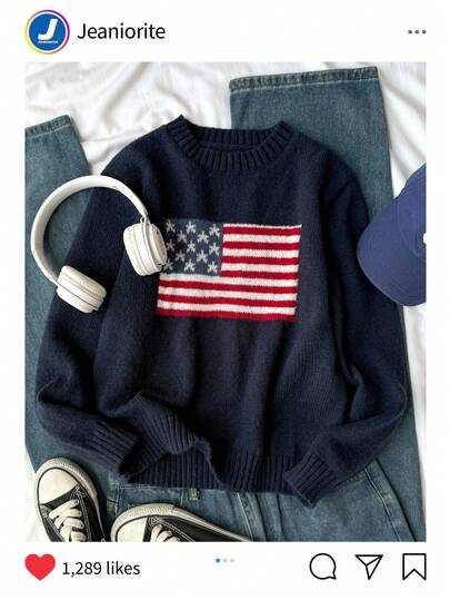SHEIN Girls American Flag Knit Sweater, Teens Round Neck Long Sleeve Star Striped Pullover Knit Top