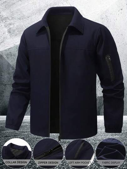 Manfinity Homme 男士长袖休闲百搭纯色防水外套户外防风夹克藏蓝色轻便夹克，休闲男士外套