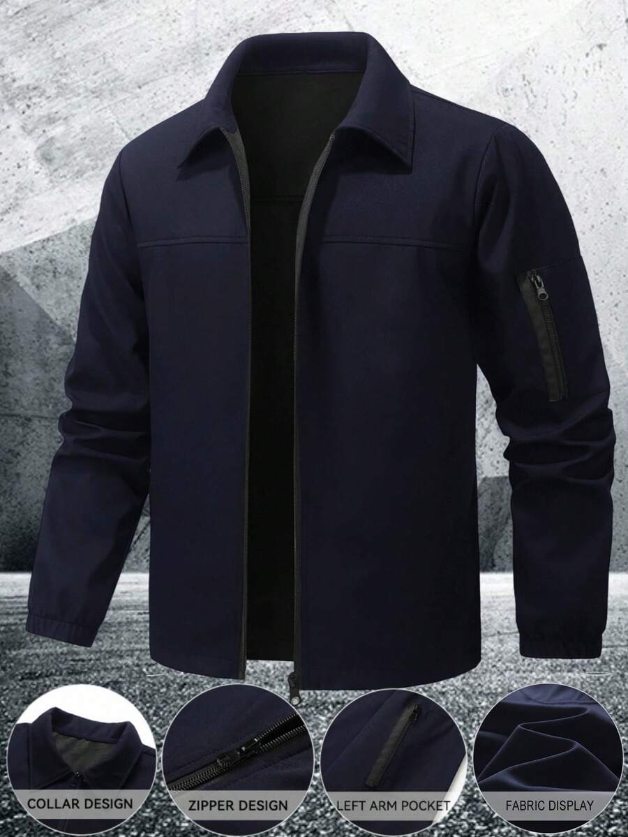 Manfinity Homme Men's Casual Solid Color Arm Zipper Pocket Lightweight Jacket,Navy Blue,Autumn,Smart Casual,Hiking,Fall Long Sleeve Zip Up Coffee Brown Tops For Men - Navy Blue - View 1