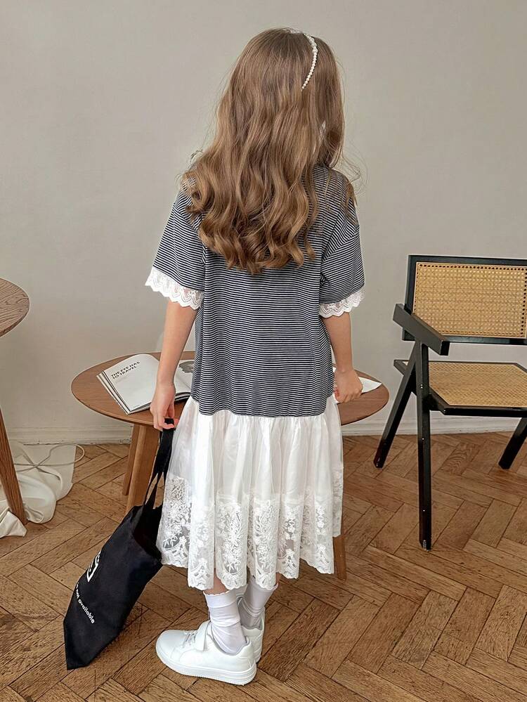 Tween Girls' Casual Striped Contrast Lace Drop-Shoulder Dress, Summer