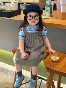 DAZY Baby Girl Casual Loose Slant Pocket Korean Style Layered Dress, Summer - Grey - View 5