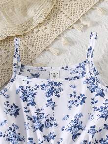 SHEIN Set de 2 piezas de chaleco de mezclilla y vestido camisola con estampado floral colorido para niñas preadolescentes, primavera/verano - Multicolor - Ver 7