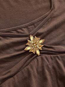 ROMWE Hippie Wooden Bead Embroidered Square Neck A-Line Short Sleeve T-Shirt, Casual Summer - Coffee Brown - View 3