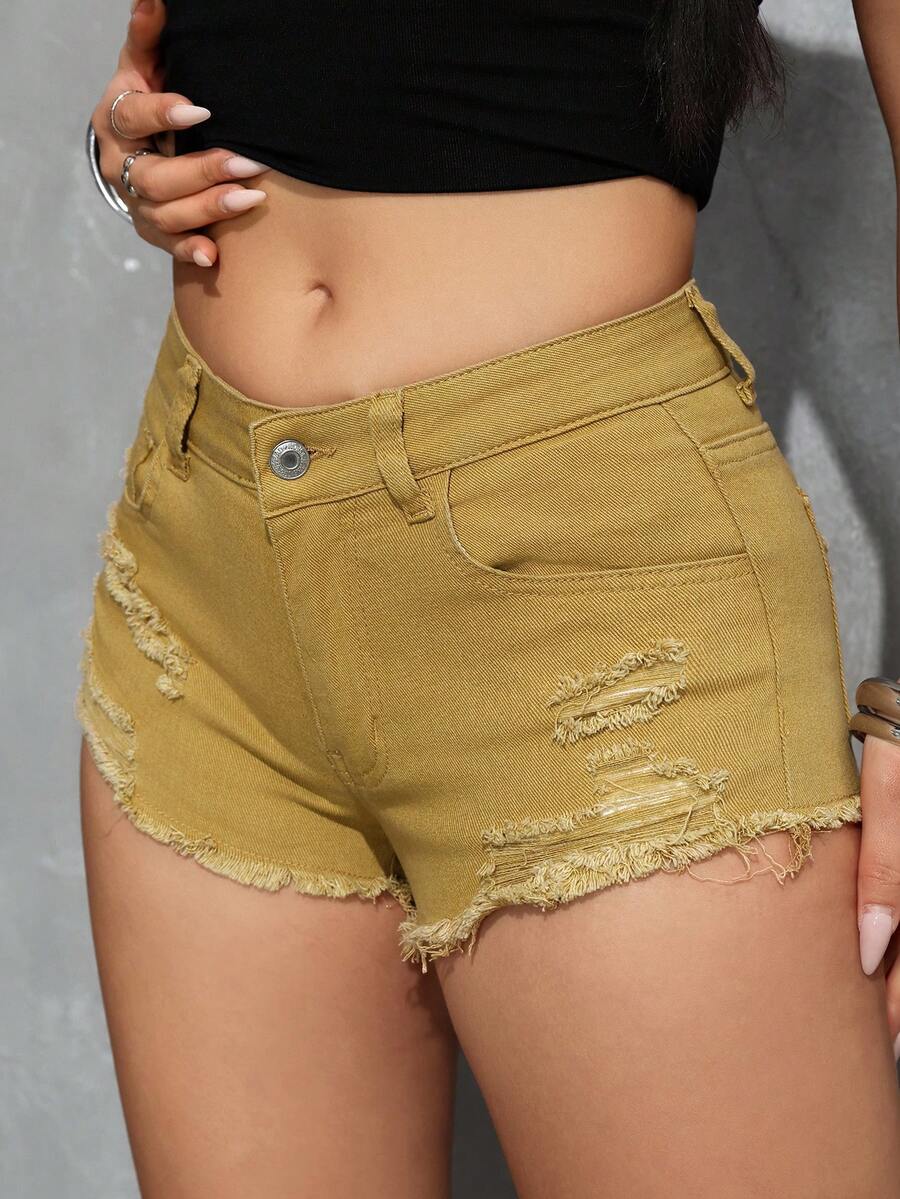 SHEIN PETITE Women's Solid Color Brushed Denim Button Shorts, Suitable For Summer Wear ,Petite Women - Khaki - View 1