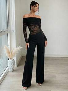 Firerie Bộ jumpsuit dài tay màu đen, thanh lịch, gợi cảm, tối giản dành cho nữ, thích hợp cho ngày Valentine, năm mới, tiệc tùng, hẹn hò. Bộ đồ liền thân có vai, chất liệu lưới xuyên thấu, xếp ly, cạp thấp, ôm sát cơ thể, chất liệu lưới, tay dài, chất liệu tổng hợp, màu đen, thích hợp cho nữ, mang đến vẻ quyến rũ chết người, phù hợp cho ngày Valentine, năm mới, tiệc tùng. - màu đen - Xem 2