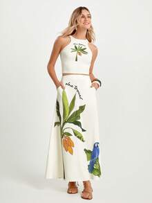 CAJUNI x Carol Peixinho Jupe longue imprimé tropical décontractée pour vacances, jupe longue tropicale, tenue de resort pour femmes, jupe maxi imprimé tropical, tenue de resort pour femmes, jupe imprimé tropical - Crème - Voir 10