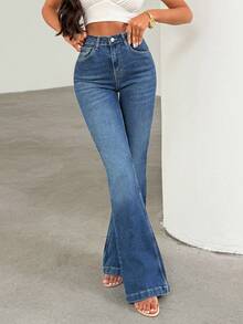 Woman Stretch Washed Blue High Waist Bootcut Denim Jean Petite - Medium Wash - View 4