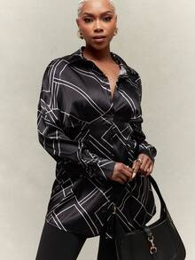 Vixey Satin Geometric Stripe Cinched Waist Pleated Pointed Collar Button Up Shirt - Black - View 4