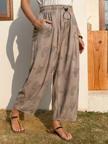 Quần lửng nữ họa tiết Paisley, cạp chun, dáng rộng, có dây rút. - Màu Khaki - Xem 6