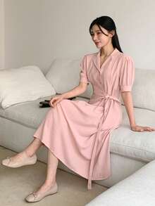 DAZY Women's Turndown Collar Ruched Midi Dress - Pink - View 5