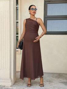 MaterniWear Brown Asymmetrical Neckline Ruffled Elegant Sleeveless Dress For Pregnant Women; Chocolate Brown Dress; Brown Maxi Dress; Elegant Brown Dress; Women's Brown Wedding Guest Dress; Maternity Dress; Maternity Wear; Elegant Summer. - Chocolate Brown - View 3
