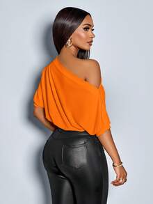 SOLERSUN Women's Solid Asymmetrical Neck Ruched Shoulder Tee - Orange - View 2