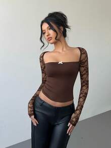 Aloruh Women's Lace Crew Neck Long Sleeve Fitted Cropped Fashionable T-Shirt - Brown - View 5
