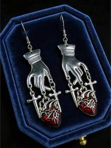 Joivida 1对哥特式泪滴耳环，镀合金材质，红色水晶十字架设计，垂坠式耳环，适合低过敏性朋克摇滚音乐会派对之夜装扮，哥特吸血鬼风格 - 紅色 - 查看 3