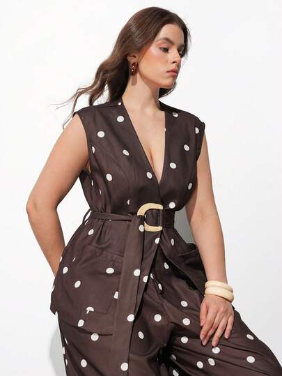 Maija Plus Size 2026 Summer New Brown Polka Dot Suit Set, Loose Comfortable Casual Suit, Retro Style, Romantic, Fashionable, Versatile; Comfortable, Fashionable, Elegant, Casual, Simple Daily, Essential Item, Solid Color, Holiday Casual, Appropriate, Single Lady, Elegant Fashion Business Casual Outerwear, Business Casual Suit Set For Graduation Season, Party, Business Office, Casual  St Patrick's Day Women Easter Summer Outfits Easter Dress Women Party Top Beach Dress Summer Holiday Outfits Each Vacation Outfits For Women  Summer Outfit For Women Going Out Outfits Graduation Graduation Outfit  Casual Dresses  Casual Blouses For Women