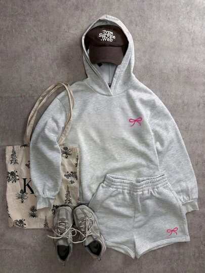 2 pc Conjunto suadera y short mujer sudadera con capucha short resorte estampado MOÑO MINIMALISTA ROSA otoño invierno cómodo excelente calidad