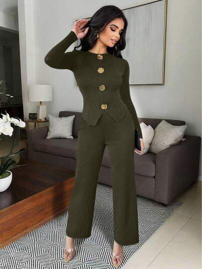 Vavine 1pc Women's Elegant Metal Button Decor Long Sleeve Lightweight T-Shirt, Black 2 Piece Set Women Army Green Outfit Women Long Sleeve Pant Set Green Pants Suit For Women 2 Piece Winter Fall Set
