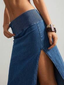 Bohemela Knit Denim Skirt For Women,High Waist Slit Skirt,Bodycon Skirt,Side Slit Design,Spring To Summer,Vacation Skirt,Beach Skirt - Blue - View 5