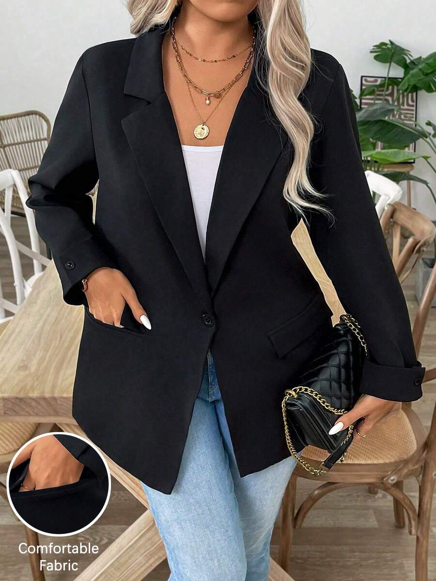 SHEIN LUNE 大码女式正装长翻领单纽扣西装外套，配有超大真口袋，秋冬款 - 黑色 - 查看 1