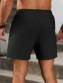 Manfinity RSRT 男士休闲抽绳腰棉麻短裤，夏季男士休闲短裤，健身服，男士短裤，夏季男士抽绳短裤，男士家居短裤 - 黑色 - 查看 2