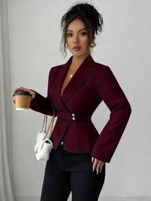 Rafferiza Áo sơ mi nữ tay dài cổ shawl phối viền tương phản, dáng ôm, dành cho mùa thu. - Màu Đỏ Sâu - Xem 5