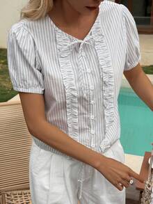 Striped Puff Sleeve Casual Pleated Women Shirt Summer - Blue - View 7