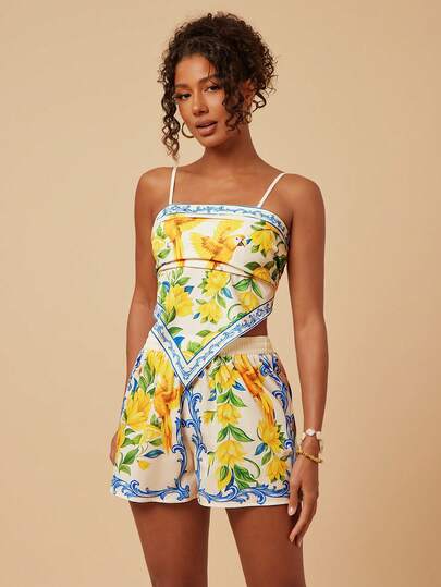 Travachic Women's Floral Print Asymmetric Hem Camisole And Shorts Casual 2 Pieces Set,Vacation Casual Terno Outfit For Women,Summer Holiday Outfits,Spring Break Outfits,Party Outfit,Beach Outfit,Spring Clothing,Valentine Outfits For Women,Carnival Costume,Elegant,Floral,Carnival,Spring To Summer ,Party ,Summer Set,Wedding Guest Set For Women,Birthday Set,Party Set,Elegant Set For Women,Floral Set,Summer Set,Carnival Costume, Mexican Style Set Women Boho Set For Women,Tropical,Bohemian,Ibiza,Western,Graduation Set, Graduation Outfit For Mother Summer Rompers For Women Vacation Romper Women Summer Dresses Short Vacation Dresses Short Love And Lemonade Dress