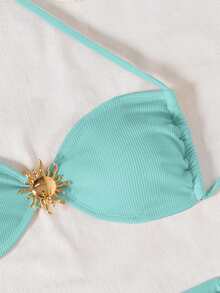 Swim Mod Bộ bikini dây buộc cổ gợi cảm với khóa kim loại, chất liệu vải có họa tiết. - Màu xanh lam - Xem 4