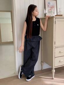 DAZY Tween Girls' Solid Color Plaid Patchwork Sleeveless T-Shirt And Pants Set - Navy Blue - View 5