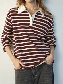 Maija 女士条纹落肩长袖Polo领休闲T恤 - 酒紅色 - 查看 1