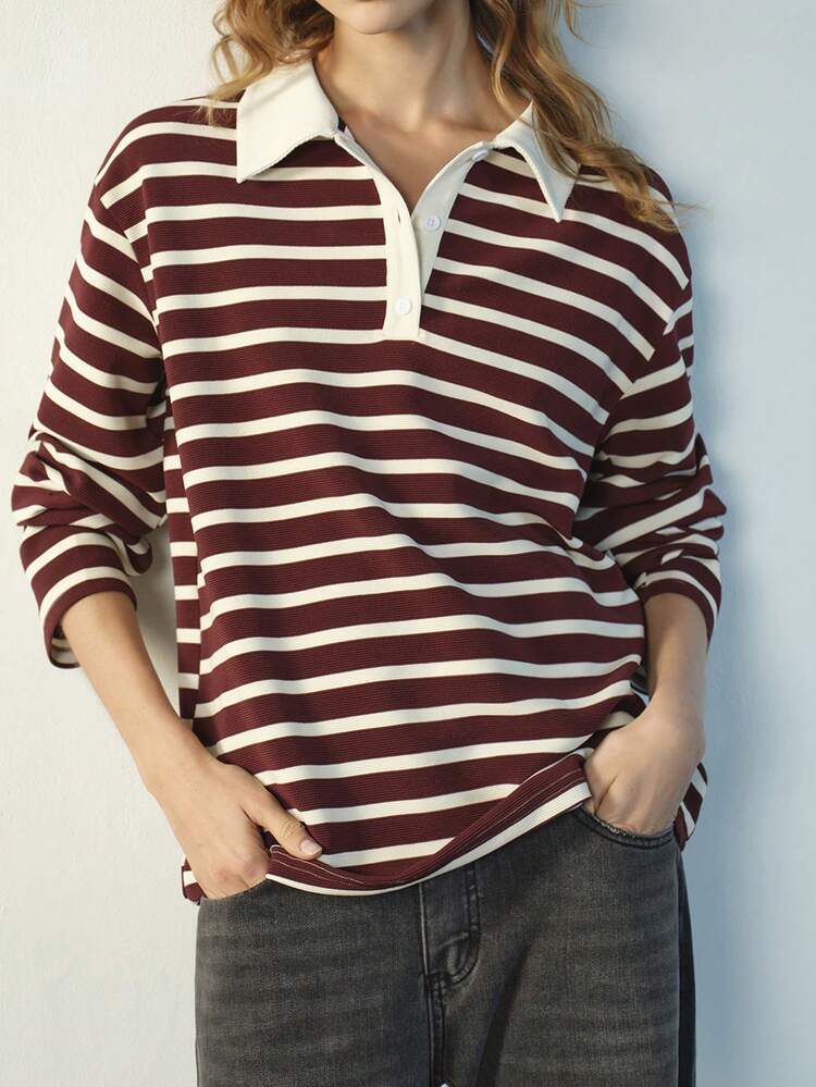 SHEIN Maija Women's Casual Striped Drop Shoulder Long Sleeve Polo Neck Casual T-Shirt Nautical Clothing For Women Striped Long Sleeve  Polo Shirt Striped Polo  Resort Wear 2026