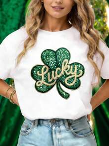 EMERY ROSE 女士三叶草圣帕特里克节印花T恤，短袖休闲圆领上衣，适合所有季节，女士服装 - 白色 - 查看 1