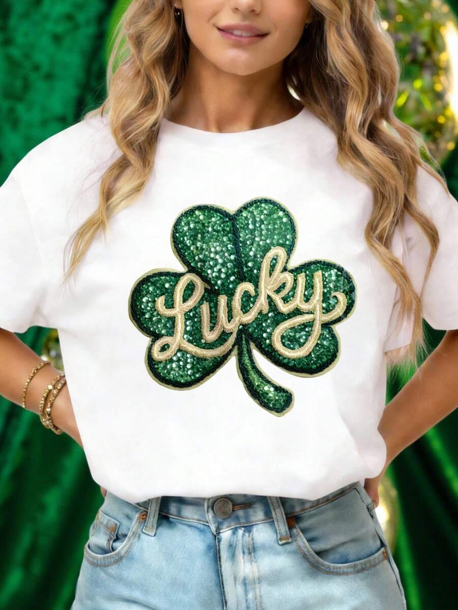 EMERY ROSE 女士三叶草圣帕特里克节印花T恤，短袖休闲圆领上衣，适合所有季节，女士服装 - 白色 - 查看 1