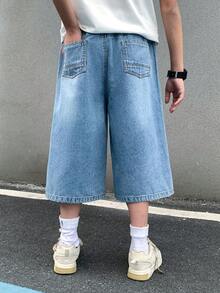 SHEIN Little Byeori 青少年男孩時尚返校街頭風混搭百搭設計復古酷街頭寬鬆舒適清爽藍色牛仔八英吋長度寬腿牛仔褲，適合日常穿著、春夏季派對節慶與街頭穿搭 - 藍色 - 查看 2