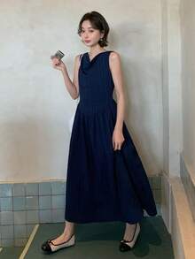 DAZY Đầm xòe cổ bèo dành cho nữ, đầm không tay thanh lịch với cổ bèo tôn dáng. - Màu xanh lam - Xem 1