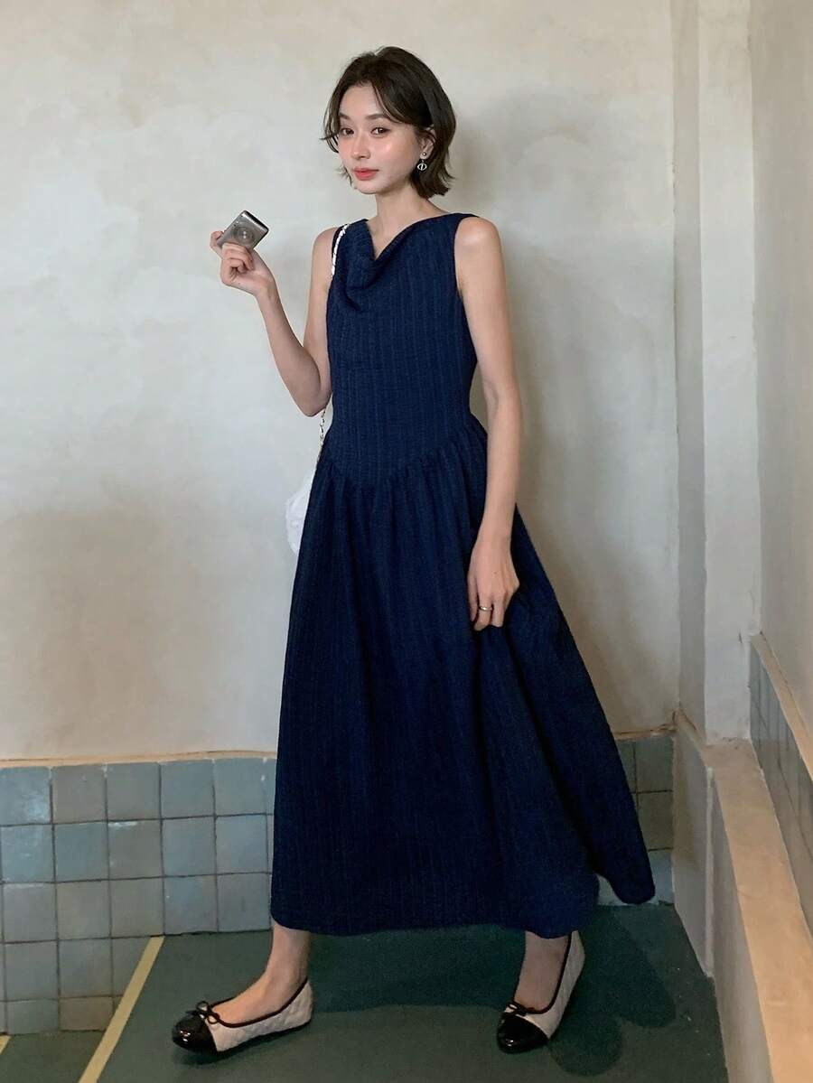 DAZY Đầm xòe cổ bèo dành cho nữ, đầm không tay thanh lịch với cổ bèo tôn dáng. - Màu xanh lam - Xem 1