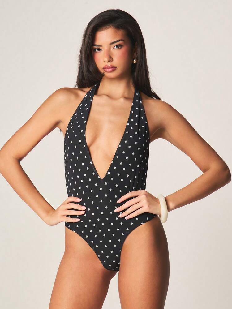 MISSGUIDED Polka Dot Halter Bodysuit With Deep V Neck