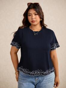 Elaquor 大码女式圆领拼接花卉刺绣短袖休闲T恤 - 藏蓝色 - 查看 2