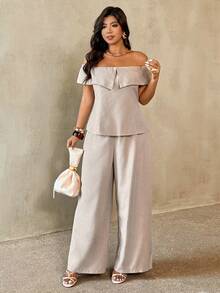 Auralis Plus Size Women's Casual Vacation & Commute Solid Color Foldover Off Shoulder Top And Wide Leg Pants Set, Spring/Summer, Summer Outfits - Khaki - View 3