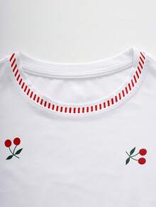 Resyla 女士Y2K樱桃红条纹撞色印花圆领短袖T恤，简约时尚，夏季必备 - 白色 - 查看 4
