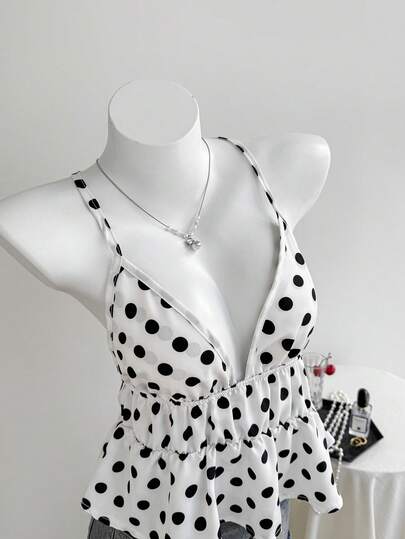 Elamini Women's Polka Dot Pattern Spaghetti Strap Ruched Waist Camisole