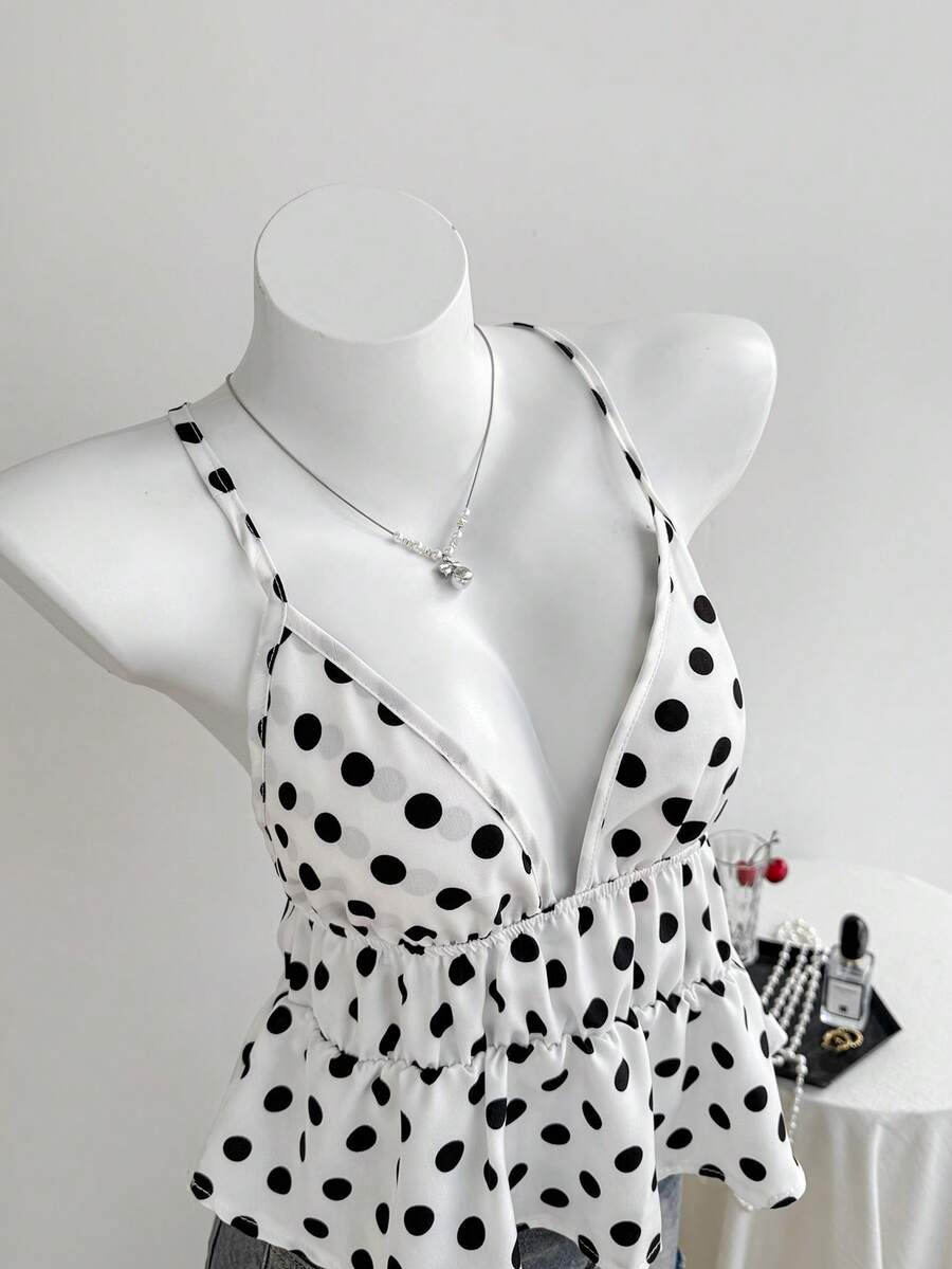 Elamini 女式圆点图案细肩带褶皱腰吊带背心 - 彩色 - 查看 1