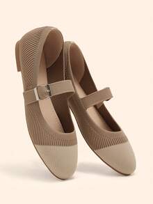 CUCCOO BASICS Women's Round Toe Khaki Knit Slip-On Buckle Strap Comfortable Breathable Casual Commute Versatile Mary Jane Flat Shoes - Deep Apricot - View 1