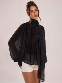 Avenya 复古雪纺夸张褶裥立领长领衬衫 - 黑色 - 查看 3