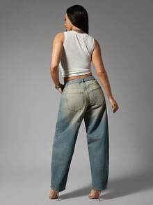 Denimoi Foldover Waist Barrel Leg Washed Jeans Barrel Jeans Fashionable Streetwear - Medium Wash - View 5